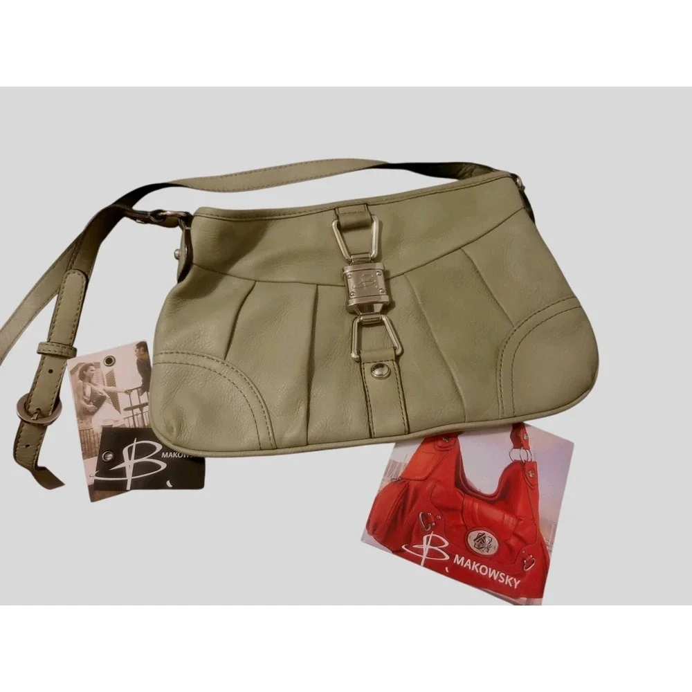 B. Makowsky Sage Green Pebbled Leather Cross-body Shoulder‎ Bag Purse EUC